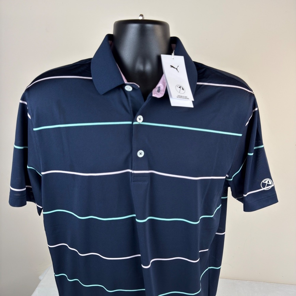 Puma X Arnold Palmer Rugby Stripe Golf Polo Shirt Men's 2XL XXL Blue Pink NEW‎